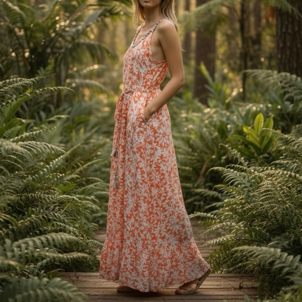 Fab’rik Cotton Blend Bohemian Maxi Rope Halter Tank Flowy Orange Cream Floral - Picture 1 of 8
